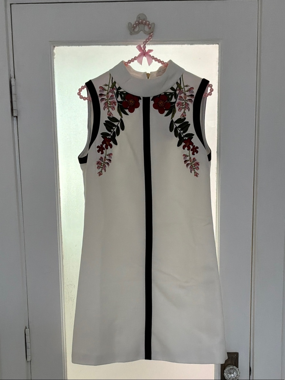 Ted Baker White Sleeveless Shift Dress with Black Trim and Floral Embroidery